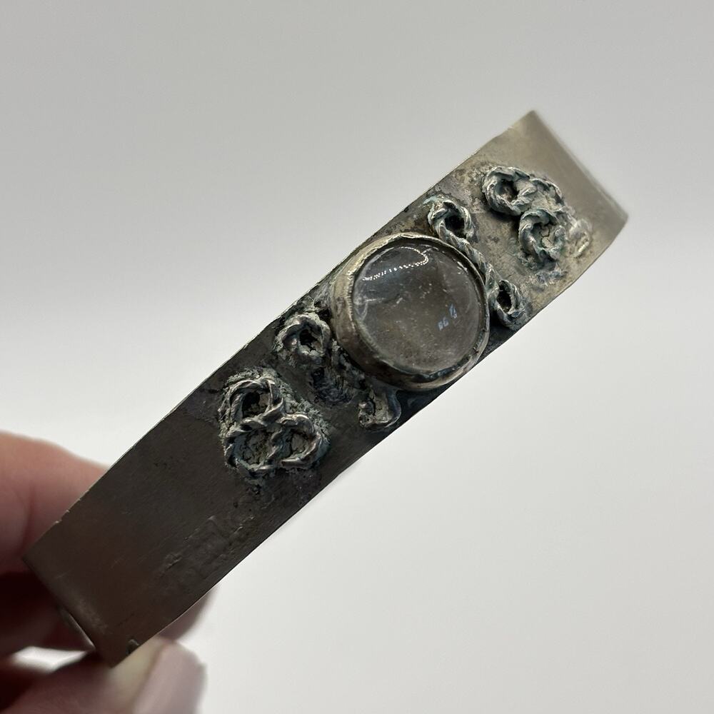 Antique WWI Era Trench Art Style Handmade Metal Cuff Bracelet Glass Cabochon